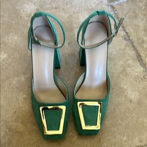 Green Suede Heels with Ankle Strap and Square Toe